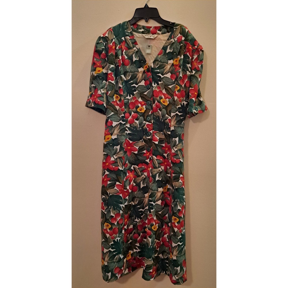 Markwald Floral Print Midi‎ Dress Red Yellow Green SS V Neck Button Front 12